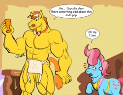 Size: 990x765 | Tagged: safe, artist:caseyljones, character:carrot cake, character:cup cake, species:anthro, species:earth pony, species:pony, ship:carrot cup, abs, apron, bare chest, beef cake, blushing, clothing, female, grammar error, male, muscles, open mouth, overdeveloped muscles, partial nudity, pony to anthro, raised hoof, shipping, straight, topless, wide eyes