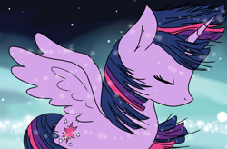 Size: 2402x1571 | Tagged: safe, artist:nyota71, character:twilight sparkle, character:twilight sparkle (alicorn), species:alicorn, species:pony, eyes closed, female, mare, solo, spread wings, wings