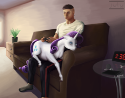 Size: 1280x998 | Tagged: safe, artist:misterjuly, character:rarity, species:human, gamer, realistic, sitting on person, uncanny valley