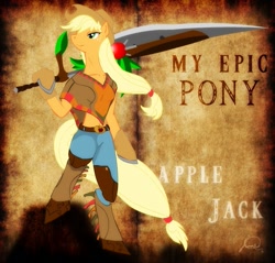 Size: 703x671 | Tagged: safe, artist:ryuukiba, character:applejack, species:anthro, clothing, my epic pony, sword, weapon