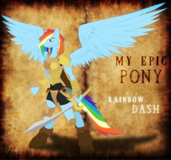 Size: 821x770 | Tagged: safe, artist:ryuukiba, character:rainbow dash, species:anthro, armor, clothing, female, my epic pony, solo, sword, weapon