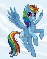 Size: 555x700 | Tagged: safe, artist:dimespin, character:rainbow dash, species:pegasus, species:pony, cloud, female, flying, looking at you, mare, sky, smiling, solo