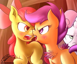 Size: 3000x2500 | Tagged: safe, artist:pajama-ham, character:apple bloom, character:scootaloo, character:sweetie belle, ship:scootabloom, argument, cutie mark crusaders, female, lesbian, shipping, sweetie belle is not amused