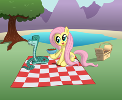 Size: 1024x836 | Tagged: safe, artist:rebron-y, character:fluttershy, picnic, snake