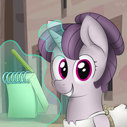 Size: 1280x1280 | Tagged: safe, artist:flufgun, character:sugar belle, episode:the cutie map, g4, my little pony: friendship is magic, cute, grin, levitation, looking at you, magic, notepad, pencil, smiling, telekinesis