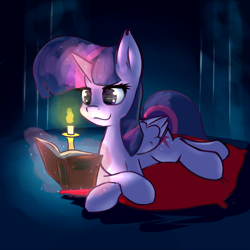 Size: 1500x1500 | Tagged: safe, artist:whazzam95, character:twilight sparkle, character:twilight sparkle (alicorn), species:alicorn, species:pony, candle, female, mare, pillow, prone, reading, solo, speedpaint