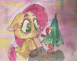 Size: 662x522 | Tagged: safe, artist:iiya, character:fluttershy, species:pegasus, species:pony, crossover, duo, female, karakasa, mare, original species, tongue out, traditional art, youkai