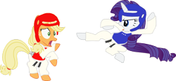 Size: 1024x476 | Tagged: dead source, safe, anonymous artist, character:applejack, character:rarity, species:earth pony, species:pony, species:unicorn, black belt, chest guard, clothing, duo, duo female, female, gi, headgear, mare, martial artist rarity, martial arts, robe, simple background, taekwondo, transparent background, trousers