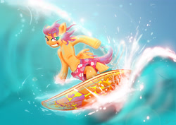 Size: 4961x3508 | Tagged: safe, artist:toonlancer, character:scootaloo, species:pony, bipedal, female, solo, surfboard, surfing