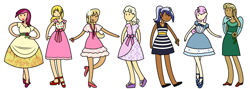 Size: 7656x2726 | Tagged: safe, artist:alexkingofthedamned, character:cherry berry, character:helia, character:lily, character:lily valley, character:millie, character:minuette, character:roseluck, character:twinkleshine, species:human, horned humanization, humanized, line-up, simple background, style emulation, winged humanization