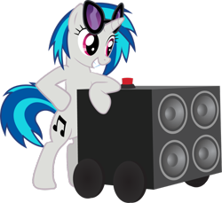 Size: 1024x937 | Tagged: safe, artist:ah-darnit, character:dj pon-3, character:vinyl scratch, species:pony, species:unicorn, bass cannon, bipedal, cutie mark, female, hooves, horn, mare, simple background, smiling, solo, sunglasses, teeth, transparent background, vector