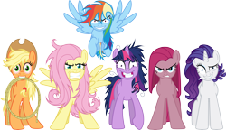 Size: 6000x3445 | Tagged: safe, artist:crunchnugget, character:applejack, character:fluttershy, character:pinkamena diane pie, character:pinkie pie, character:rainbow dash, character:rarity, character:twilight sparkle, appletired, bloodshot eyes, elements of insanity, eye twitch, flutterrage, gritted teeth, insanity, looking at you, mane six, messy mane, mouth hold, psycho six, rainbow craze, rarisnap, run, simple background, slasher smile, snapplejack, spread wings, start running, stressity, transparent background, twilight snapple, vector, wings, wrong neighborhood, xk-class end-of-the-world scenario