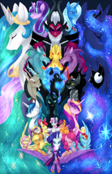 Size: 1488x2300 | Tagged: safe, artist:tomocreations, character:adagio dazzle, character:apple bloom, character:applejack, character:aria blaze, character:discord, character:fluttershy, character:king sombra, character:lord tirek, character:nightmare moon, character:pinkie pie, character:princess cadance, character:princess celestia, character:princess luna, character:queen chrysalis, character:rainbow dash, character:rarity, character:scootaloo, character:shining armor, character:sonata dusk, character:spike, character:sweetie belle, character:trixie, character:twilight sparkle, character:twilight sparkle (alicorn), species:alicorn, species:centaur, species:draconequus, species:pony, species:siren, alicorn amulet, antagonist, cutie mark crusaders, duality, elements of harmony, epic, female, flowerbuttpony, group, mane seven, mane six, mare, the dazzlings