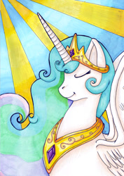 Size: 565x800 | Tagged: safe, artist:fishiewishes, character:princess celestia, crepuscular rays, eyes closed, female, solo, spread wings, traditional art, wings
