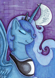Size: 566x800 | Tagged: safe, artist:fishiewishes, character:princess luna, eyes closed, female, moon, solo, spread wings, traditional art, wings