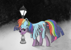 Size: 1500x1060 | Tagged: safe, artist:furor1, character:rainbow dash, character:twilight sparkle, character:twilight sparkle (unicorn), species:pegasus, species:pony, species:unicorn, ship:twidash, g4, adobe imageready, carrying, duo, eyes closed, female, lamppost, lesbian, mare, night, ponies riding ponies, shipping, sleeping