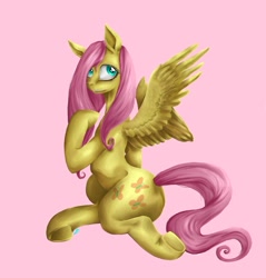 Size: 900x943 | Tagged: safe, artist:tzelly-el, character:fluttershy, species:pegasus, species:pony, g4, female, mare, pink background, simple background, solo, underhoof