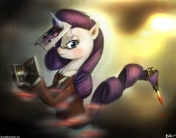 Size: 2292x1800 | Tagged: safe, artist:tarantad0, character:rarity, character:twilight sparkle, blood, glasses, knife, parody, prehensile tail, spy, tail hold, team fortress 2