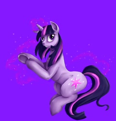 Size: 900x943 | Tagged: safe, artist:tzelly-el, character:twilight sparkle, character:twilight sparkle (unicorn), species:pony, species:unicorn, g4, blue background, female, mare, simple background, solo, underhoof