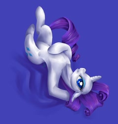 Size: 900x943 | Tagged: safe, artist:tzelly-el, character:rarity, species:pony, species:unicorn, g4, armpits, blue background, female, mare, on back, simple background, solo, sultry pose