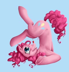 Size: 900x943 | Tagged: safe, artist:tzelly-el, character:pinkie pie, species:earth pony, species:pony, g4, blue background, cherry, female, mare, simple background, smiling, solo, underhoof, upside down