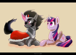Size: 1500x1100 | Tagged: safe, artist:patty-plmh, character:king sombra, character:twilight sparkle, character:twilight sparkle (alicorn), species:alicorn, species:pony, ship:twibra, blushing, female, male, mare, shipping, smiling, straight, tsundere