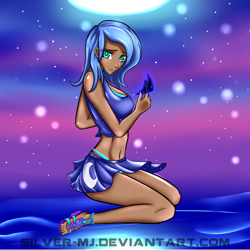 Size: 1200x1200 | Tagged: safe, artist:silver-wingx, character:princess luna, species:human, belly button, blue underwear, clothing, female, humanized, midriff, panties, s1 luna, skirt, solo, thong, underwear, upskirt