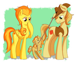 Size: 850x700 | Tagged: safe, artist:patty-plmh, character:braeburn, character:spitfire, oc, oc:almene, parent:braeburn, parent:spitfire, parents:spitburn, family, father, female, male, mother, offspring, shipping, spitburn, straight