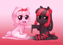 Size: 2090x1480 | Tagged: safe, artist:meltyvixen, oc, oc only, bow, clothing, cute, female, filly, frown, goo pony, hair bow, hoofbump, looking at you, open mouth, original species, sitting, smiling, socks, striped socks, unamused