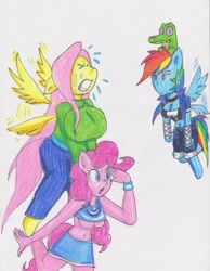 Size: 788x1013 | Tagged: safe, artist:dp360, character:fluttershy, character:gummy, character:pinkie pie, character:rainbow dash, species:anthro, ambiguous facial structure, belly button, breasts, busty fluttershy, cleavage, clothing, female, flying, lifting, midriff, shirt lift, skirt, traditional art, underboob