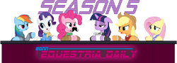 Size: 4167x1500 | Tagged: safe, artist:starbolt-81, character:applejack, character:fluttershy, character:pinkie pie, character:rainbow dash, character:rarity, character:twilight sparkle, equestria daily, banner, clothing, mane six, moustache, reporter, simple background, table, transparent background, vector