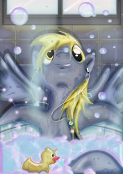 Size: 3508x4961 | Tagged: safe, artist:toonlancer, character:derpy hooves, species:pegasus, species:pony, absurd resolution, bath, bathtub, bubble, female, ipod, mare, mp3 player, rubber duck, smiling, solo