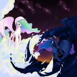 Size: 900x900 | Tagged: safe, artist:red, character:princess celestia, character:princess luna, cloud, cloudy, confrontation, spread wings, wings, wip