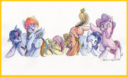 Size: 722x435 | Tagged: safe, artist:busoni, character:applejack, character:fluttershy, character:pinkie pie, character:rainbow dash, character:rarity, character:twilight sparkle, mane six, painting