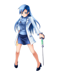 Size: 922x1229 | Tagged: safe, artist:yatonokami, character:minuette, species:human, alternative cutie mark placement, badass, clothing, commission, cutie mark, female, humanized, lab coat, looking at you, needle, simple background, skirt, solo, stethoscope, sweater, sword, syringe, toothbrush, transparent background, weapon