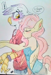 Size: 1440x2100 | Tagged: safe, artist:spark-theory, character:fluttershy, character:gilda, species:anthro, species:griffon, ship:gildashy, cute, female, gildadorable, lesbian, shipping, traditional art