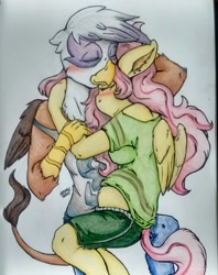 Size: 1440x1818 | Tagged: safe, artist:spark-theory, character:fluttershy, character:gilda, species:anthro, species:griffon, ship:gildashy, belly button, clothing, female, lesbian, magical lesbian spawn, off shoulder, offspring, preggoshy, pregnant, shipping, traditional art