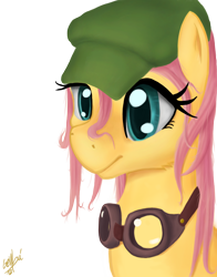 Size: 900x1150 | Tagged: safe, artist:genbulein, character:fluttershy, bust, clothing, colored pupils, female, goggles, hat, messy hair, simple background, solo, transparent background