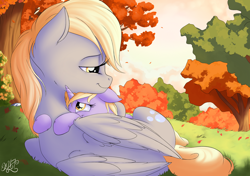 Size: 2700x1900 | Tagged: safe, artist:nobody47, character:derpy hooves, character:dinky hooves, species:pegasus, species:pony, autumn, cute, dawwww, derpabetes, dinkabetes, equestria's best daughter, equestria's best mother, female, heartwarming, hnnng, hug, mare, sweet dreams fuel