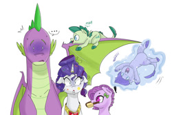 Size: 1024x683 | Tagged: safe, artist:craftedfun3, character:rarity, character:spike, oc, oc:crystal clarity, oc:lavender, oc:turquoise blitz, parent:rarity, parent:spike, parents:sparity, species:dracony, kilalaverse, ship:sparity, alternate hairstyle, brushie, exclamation point, female, fire ruby, floppy ears, horn ring, hybrid, interdimensional siblings, interspecies offspring, levitation, magic, makeover, male, offspring, older, older spike, self-levitation, shipping, simple background, straight, telekinesis, white background, wings
