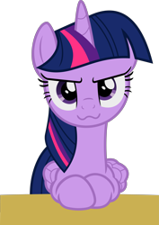 Size: 3569x5053 | Tagged: safe, artist:timelordomega, edit, character:twilight sparkle, character:twilight sparkle (alicorn), species:alicorn, species:pony, episode:made in manehattan, g4, my little pony: friendship is magic, :3, >:3, absurd resolution, cute, face edit, female, inverted mouth, looking at you, mare, simple background, solo, table, transparent background, twiabetes, vector