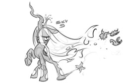 Size: 833x565 | Tagged: safe, artist:skygracer, character:queen chrysalis, species:changeling, changeling queen, cute, cutealis, female, floppy ears, grayscale, looking at you, monochrome, raised hoof, sad, solo, wind, windswept mane