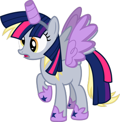 Size: 3460x3516 | Tagged: safe, artist:timelordomega, character:derpy hooves, species:pegasus, species:pony, episode:scare master, g4, my little pony: friendship is magic, alicorn costume, clothing, costume, fake horn, fake wings, female, mare, nightmare night costume, raised hoof, simple background, solo, toilet paper roll, toilet paper roll horn, transparent background, twilight muffins, vector, wig