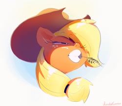 Size: 1280x1112 | Tagged: safe, artist:musicalgenius, character:applejack, chewing, clothing, colored, eyelashes, female, giant hat, grass, hat, head only, lidded eyes, open mouth, ponytail, shadow, solo, squint, straw in mouth, teeth, wheat