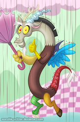 Size: 700x1073 | Tagged: safe, artist:scorchie-critter, character:discord, chocolate rain, male, solo, thumbs up, umbrella