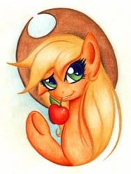 Size: 900x1196 | Tagged: safe, artist:lavosvsbahamut, character:applejack, apple, mouth hold, obligatory apple, traditional art