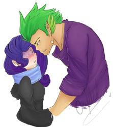 Size: 800x900 | Tagged: safe, artist:craftedfun3, character:rarity, character:spike, species:human, ship:sparity, blushing, clothing, elf ears, female, height difference, humanized, male, older, older spike, scarf, shipping, size difference, straight