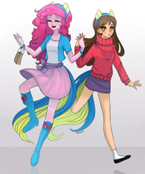 Size: 1000x1200 | Tagged: safe, artist:yanshiki, character:pinkie pie, species:human, my little pony:equestria girls, bag, bill cipher, boots, clothing, crossover, disney, duo, eyes closed, gravity falls, happy, mabel pines, older, one piece, pony ears, raised leg, school spirit, shoes, signature, skirt, socks, sweater, wondercolts, wristband