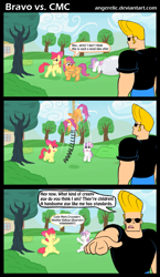 Size: 793x1364 | Tagged: safe, artist:angerelic, character:apple bloom, character:scootaloo, character:sweetie belle, bravo vs. ponyville, comic, crossover, cutie mark crusaders, fourth wall, johnny bravo, this will end in tears and/or death and/or covered in tree sap, tree sap and pine needles