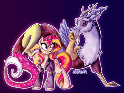 Size: 2987x2244 | Tagged: safe, artist:cihiiro, character:discord, character:sunset shimmer, species:draconequus, species:pony, species:unicorn, annoyed, clothing, crack shipping, female, grin, jacket, leather jacket, male, mare, outline, shipping, straight, suncord, traditional art